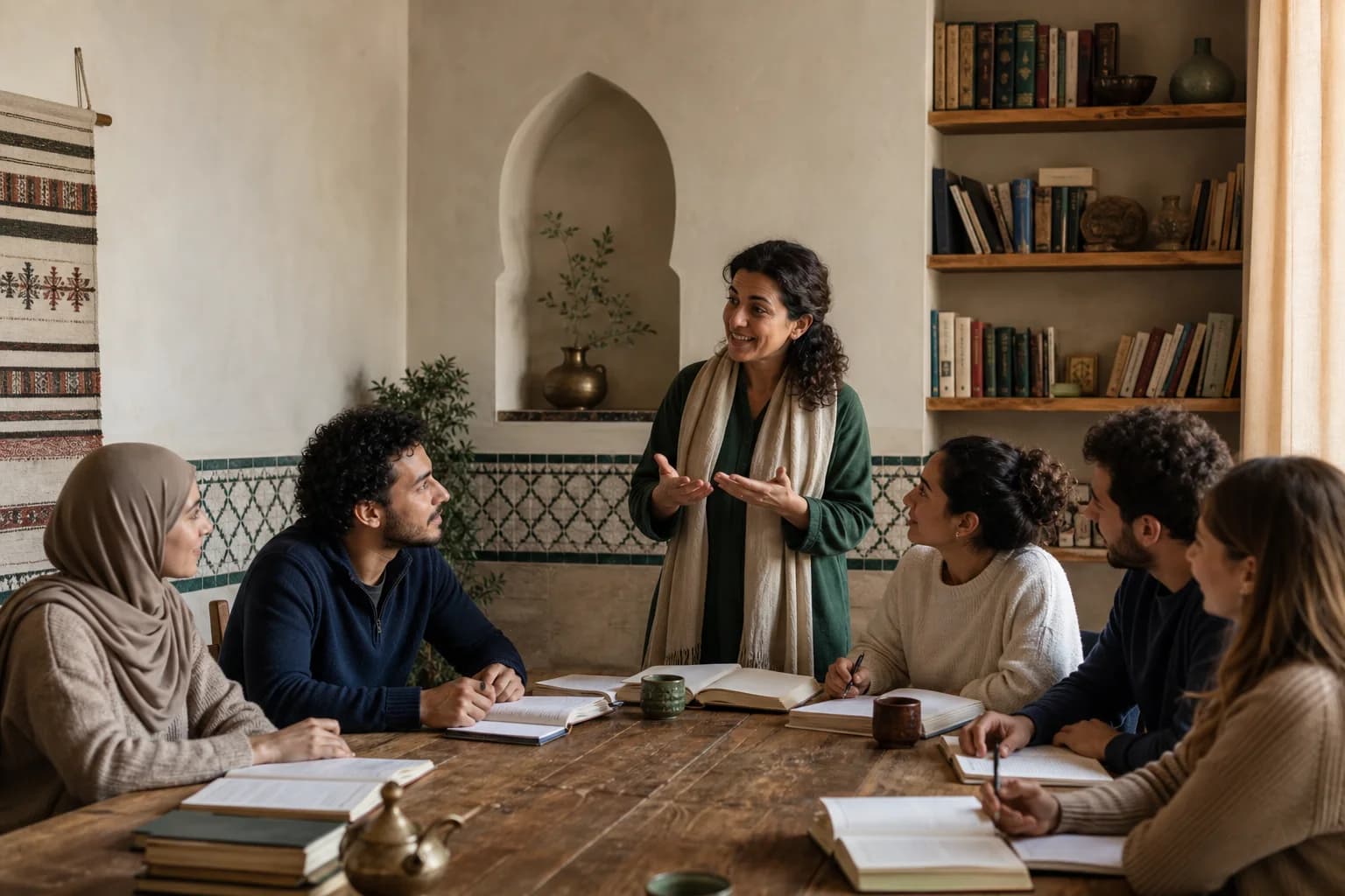 A teacher leading a welcoming small-group language lesson around a wooden table