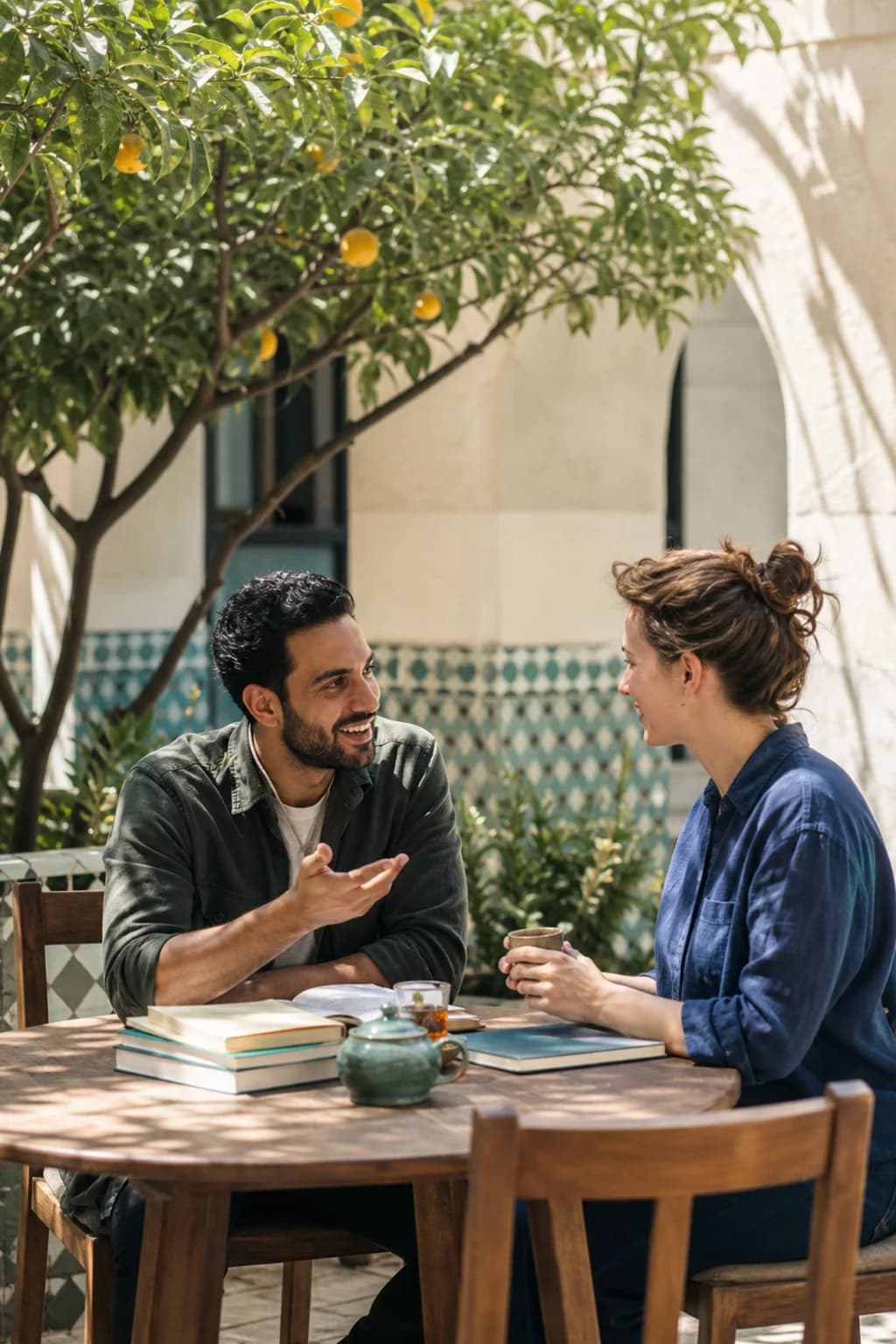 Two adult learners practising conversation over tea and books