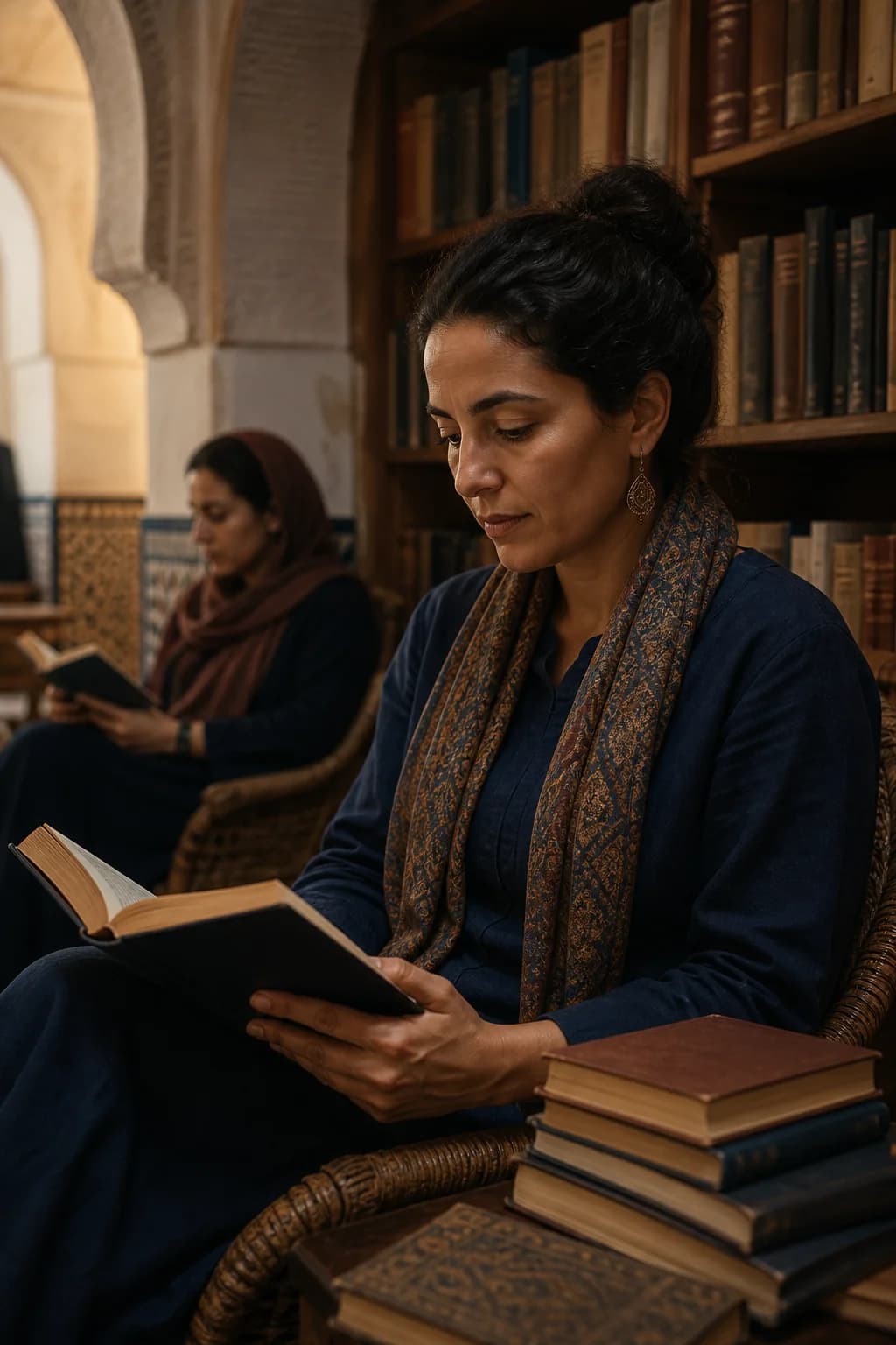 Une personne adulte lit attentivement dans une bibliothèque chaleureuse